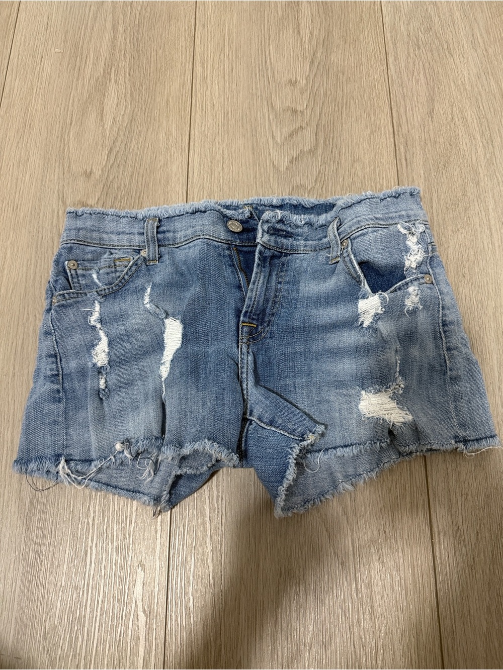 7 For All Mankind Light Blue Distressed Denim Shorts
